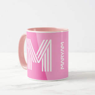 Mug Monogramme rose et blanc moderne et personnalisé