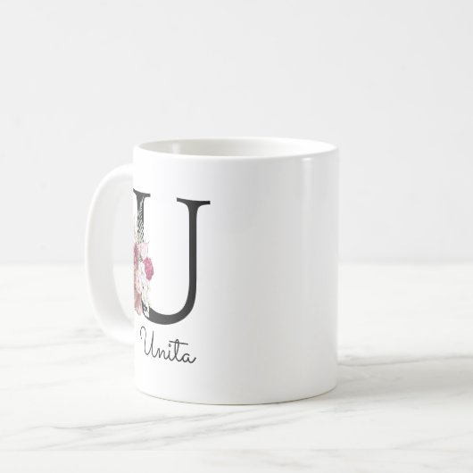 Mug Monogramme Rose Fleur Initiale U (Devant gauche)
