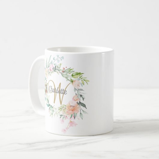 Mug Monogramme rose Floral Elegant Gold Script (Devant gauche)