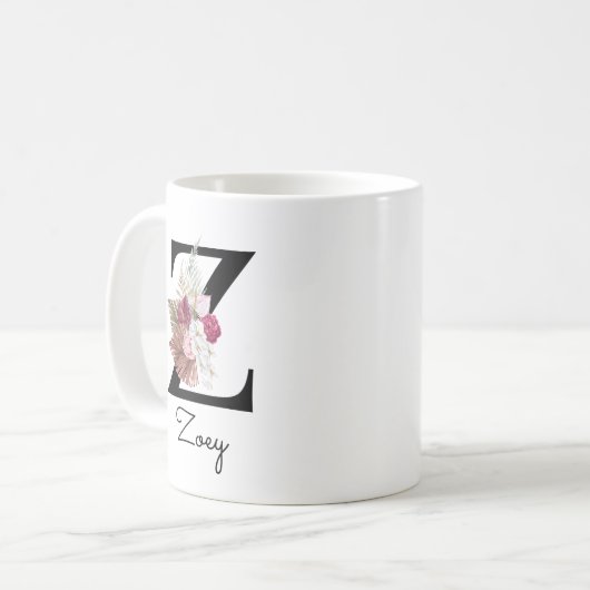 Mug Monogramme rose Floral initial W café Z (Devant gauche)
