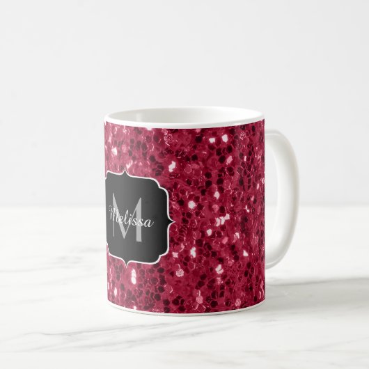 Mug Monogramme rose foncé magenta faux scintillants (Devant droit)