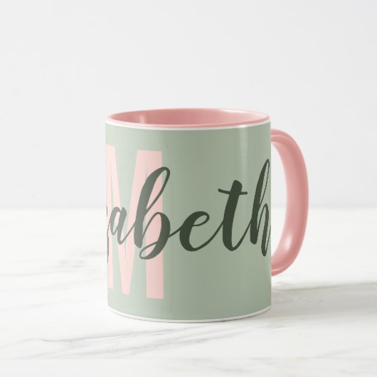 Mug Monogramme rose pâle vert clair simple (Devant droit)