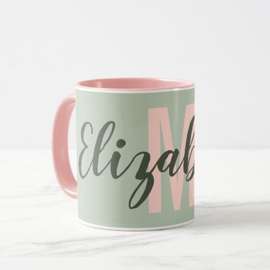 Mug Monogramme rose pâle vert clair simple (Devant gauche)