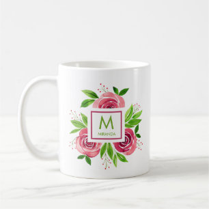 Mug Monogramme Rose rose chaud à l'aquarelle tendance