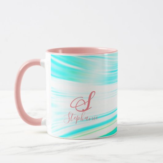 Mug Monogramme rose Turquoise de la vague bleue Initia (Gauche)