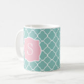Mug Monogramme rose vert clair de Quatrefoil (Devant gauche)