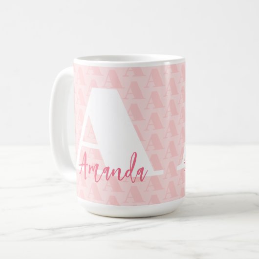 Mug Monogramme rose vif Hot rose Nom du script blanc (Devant gauche)