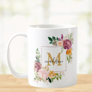 Mug Monogramme Roses Fleur Floral Aquarelle Coloré
