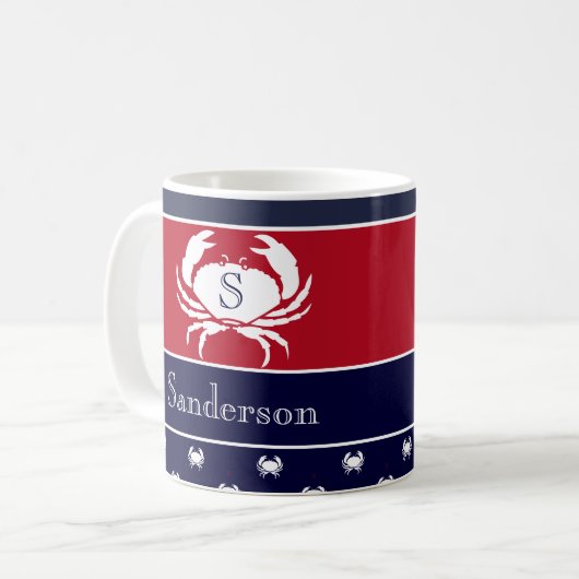 Mug Monogramme Rouge Blanc Marine Bleu Crabe Nautique (Devant gauche)