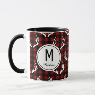 Mug Monogramme Russe Buffalo Plaid & White Deer Antler