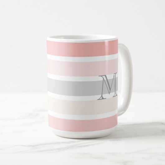Mug Monogramme sur les rayures de crème rose moderne (Devant droit)