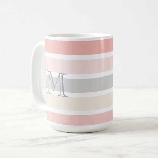 Mug Monogramme sur les rayures de crème rose moderne (Devant gauche)