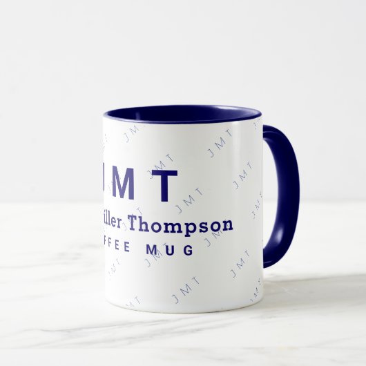 Mug monogramme sur muqueuse blanche et bleue avec nom (Devant droit)