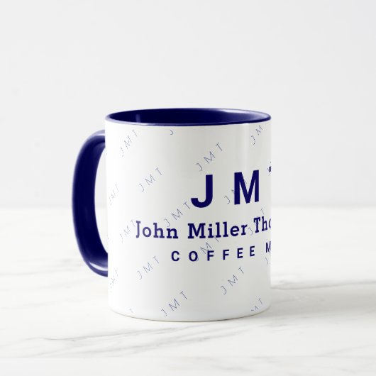 Mug monogramme sur muqueuse blanche et bleue avec nom (Devant gauche)