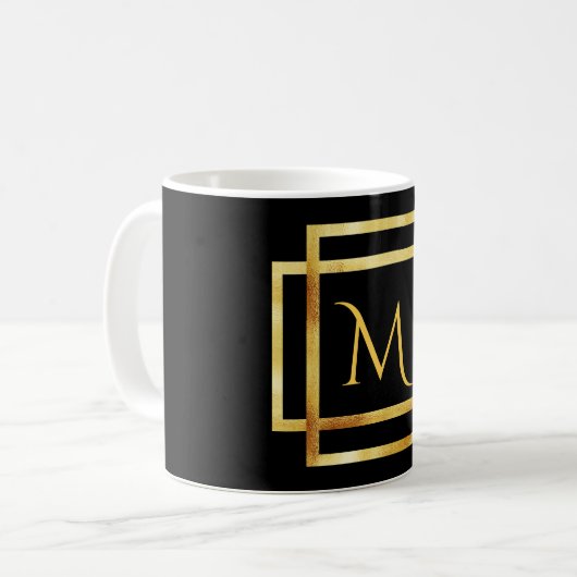 Mug Monogramme sur noir avec cadre art déco en faux or (Devant gauche)