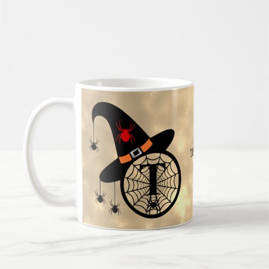 Mug Monogramme T Halloween Sky Witch Nom des araignées (Gauche)