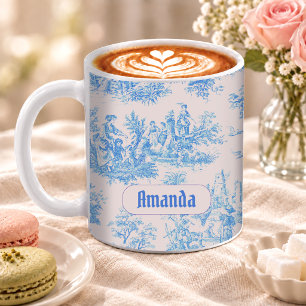Mug Monogramme Toile Florale Bleue Turquoise Vintage