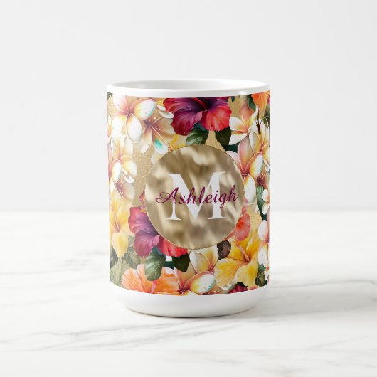 Mug Monogramme Tropical Rouge Jaune Hibiscus Fleurs (Centre)