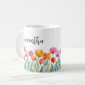 Mug Monogramme Tulipes Fleurs de printemps colorées et (Devant gauche)