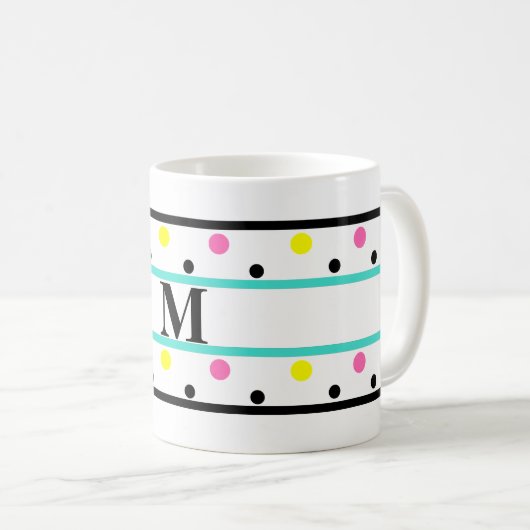 Mug Monogramme Turquoise Pois rose jaune (Devant droit)