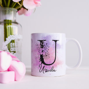 Mug Monogramme U Lettre Noir Floral Violet Rose