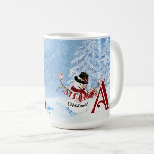 Mug Monogramme Un Joyeux Snowy Noël Snowman Trees (Devant droit)