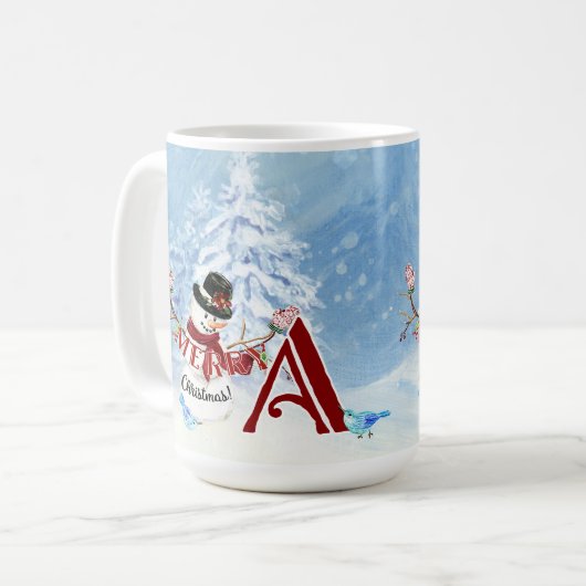 Mug Monogramme Un Joyeux Snowy Noël Snowman Trees (Devant gauche)