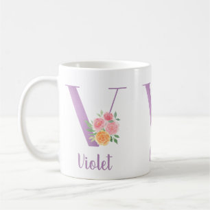 Mug Monogramme V Fleurs Aquarelle Personnalisé Violet