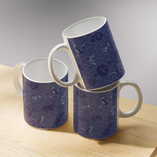Mug Monogramme vague japonaise traditionnelle bleue Se