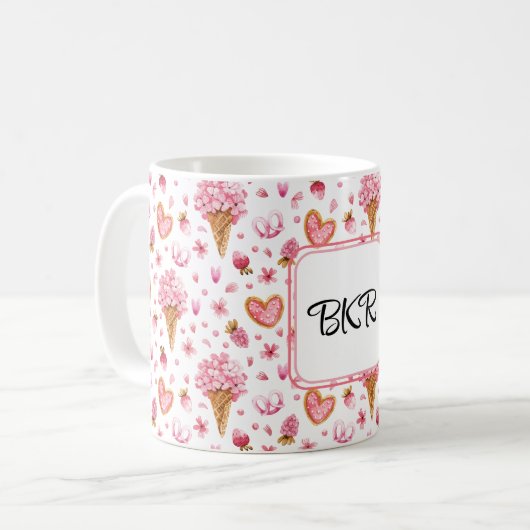 Mug Monogramme, Valentine Candy & Hydrangea Motif 11oz (Devant gauche)