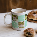Mug Monogramme vert moderne Collage photo Noël<br><div class="desc">Cette tasse monogramme présente six images et est dans une couleur vert menthe pastel. Ce qui suit cite la joie des fêtes,  Joyeux Noël,  joie et amour.</div>