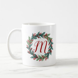 Mug Monogramme vert rouge Première couronne de Noël