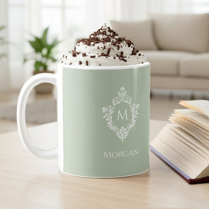 Mug Monogramme Vert Sauge Élégant Blason Vintage Initi