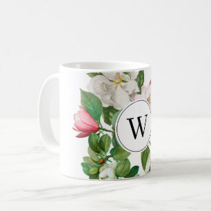 Mug Monogramme vintage blanc et rose des fleurs de Mag