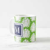 Mug Monstera Feuille Green Navy Moderne Monogramme Côt (Devant gauche)
