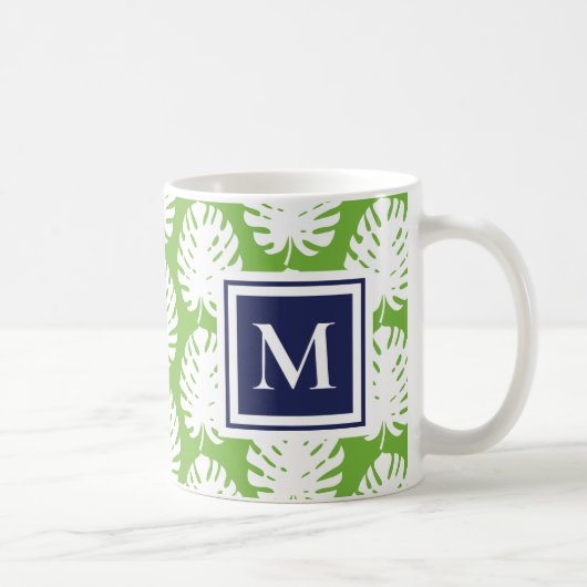 Mug Monstera Feuille Green Navy Moderne Monogramme Côt (Droite)