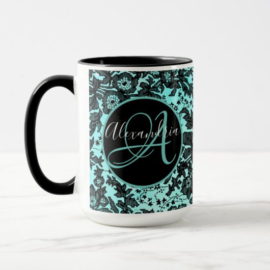 Mug Moody Floral noir sur Monogramme Turquoise (Gauche)