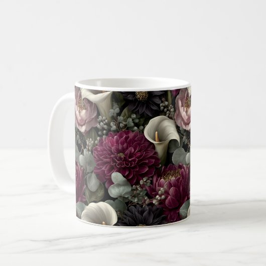 Mug Moody Floral Pattern with Dahlias and Calla Lilies (Devant gauche)