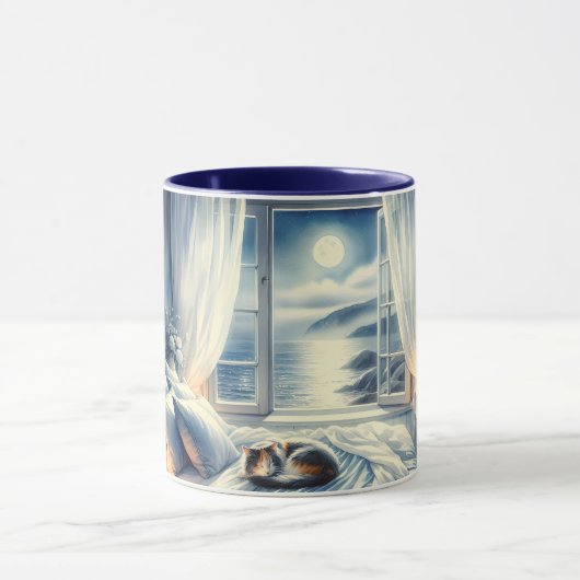 Mug Moonlit Coastal Bedroom with Sleeping Cat (Centre)