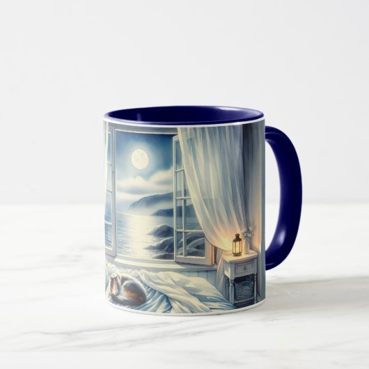 Mug Moonlit Coastal Bedroom with Sleeping Cat (Devant droit)