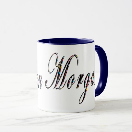 Mug Morgan, Nom, Logo, Bleu Combo Café Mug. (Devant droit)