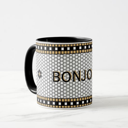Mug Mosaic noir blanc et or avec texte personnalisé (Devant gauche)