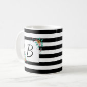 Mug Mosaïque noire moderne et monogramme floral (Devant gauche)