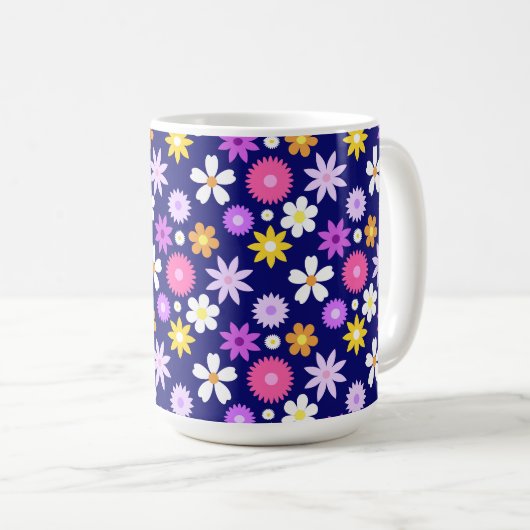 Mug Motif à fleurs de style les années 70 rétro sur bl (Devant droit)