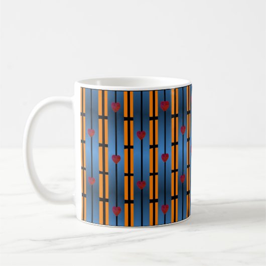 Mug Motif Abstrait Blue Orange Grid avec Coeurs rouges (Gauche)