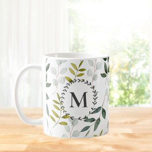 Mug Motif aquarelle de feuilles vertes monogrammées