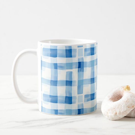 Mug Motif carreaux gingham bleu et blanc classique (Avec donut)