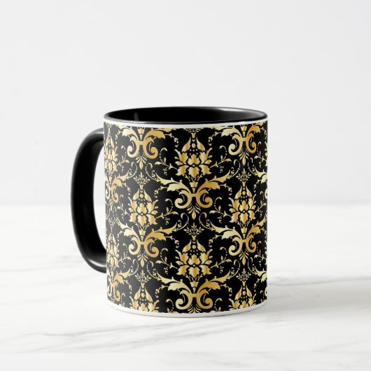 Mug Motif damassé or sur fond noir (Devant gauche)