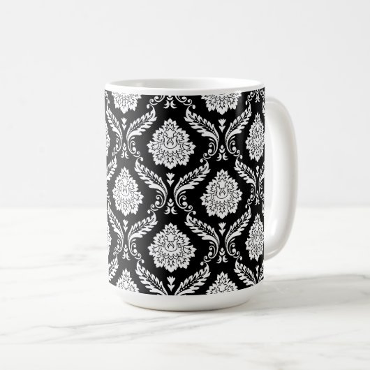 Mug Motif Damassé Rococo Blanc sur Noir (Devant droit)