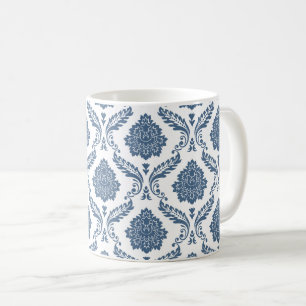 Mug Motif Damassé Rococo Bleu sur Fond Blanc